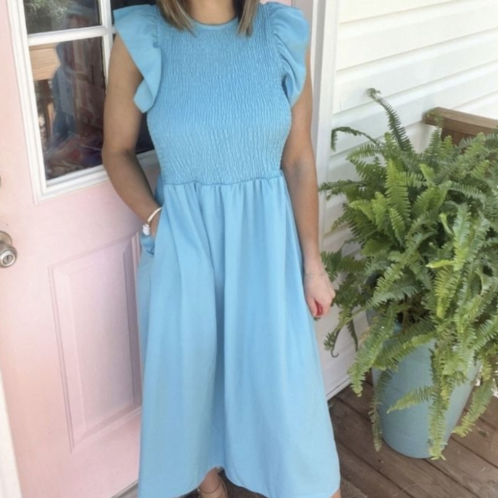 Smocked Aqua Midi Dress